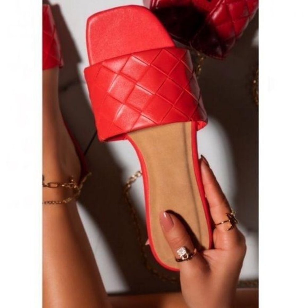 Red Square Toe Woven Strap Slides - Picture 5 of 5